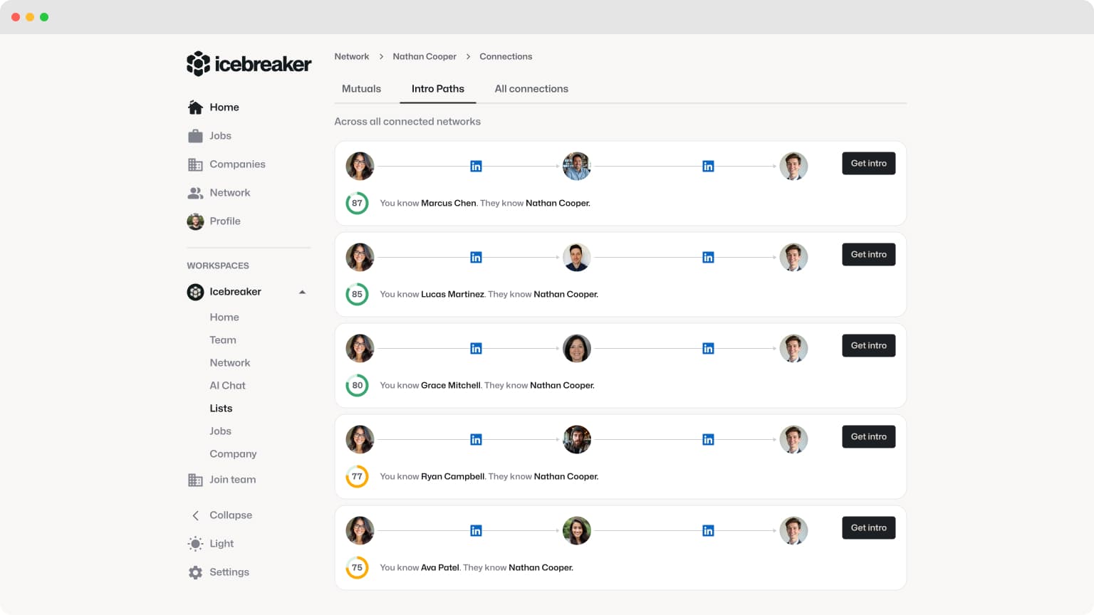Icebreaker warm introduction paths interface