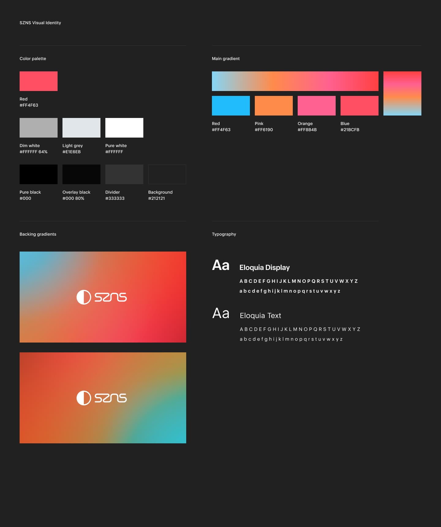 SZNS visual identity, color system, and typography
